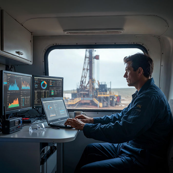 Oil and gas field service technician working behind a computer – workflow automation